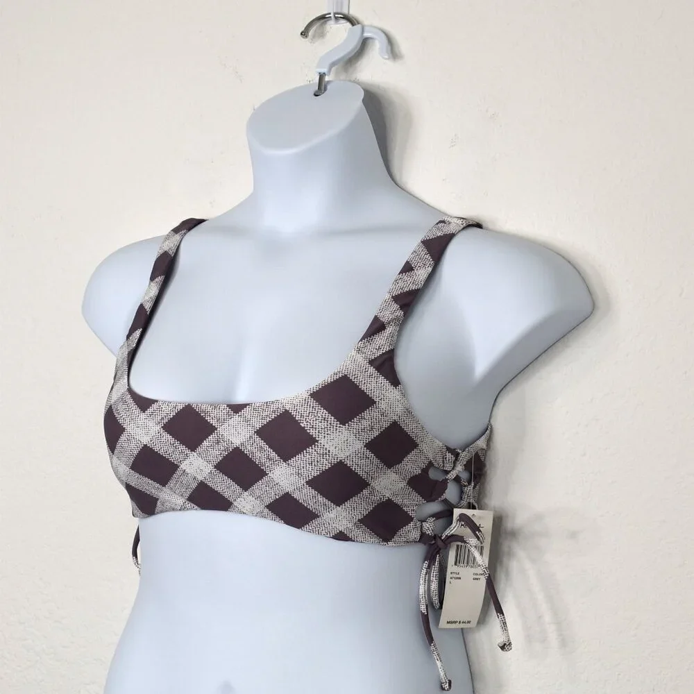 Raisins Bikini Top Bralette Swim Sz L Plaid Demi Cups Adjustable Preppy Boho NWT